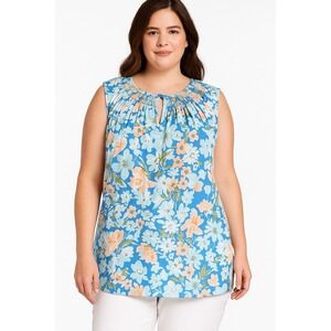 Croft & Barrow Women's Blouse Top Blue floral sleeveless smocked neckline XXL